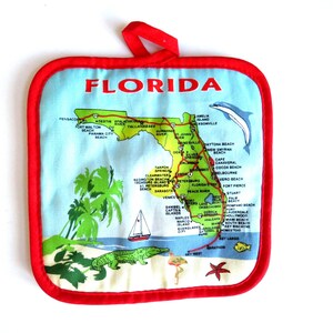 Florida Souvenir Pannenlap - Staatskaart Souvenir Grote Steden Toeristische Attracties Graphics - Alligator Flamingo Zeester Dolfijn Strandsteden