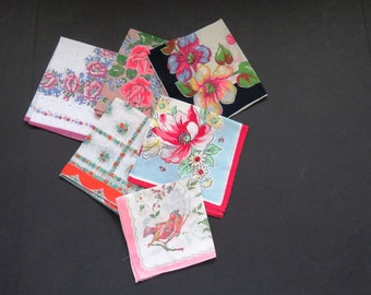 Lot of 6 Vintage Handkerchiefs - Floral Hankys Hankies - Tulips Roses Birds - Purple Blue Orange - Repurpose Crafts Use as Intended - Gifts