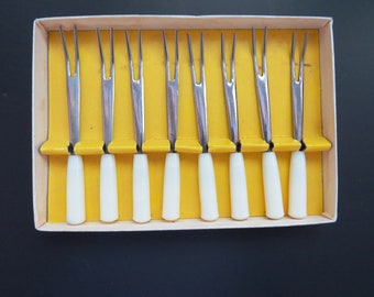 1970s Cocktail Forks - Set of 8 Hors D’oeuvre Forks - Off White Handles - Appetizer Pickle Cheese Picks  Entertaining -  IS Stainless Japan