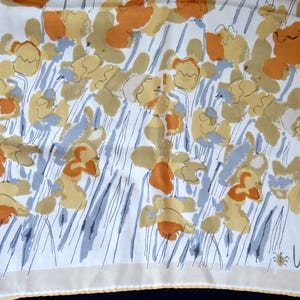 Écharpe longue Vera Neumann années 1950 à motif floral abstrait doré, beige, marron, bleu et gris - Accessoire de mode de créateur pour femme - Cadeau image 1
