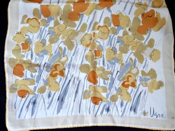 1950s Vera Neumann Long Floral Scarf - Golden Tan Brown Blue Gray Abstract Flowers - Womens Designer Fashion Accessories - Gift