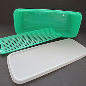 May include: A green rectangular food storage container with a matching perforated insert and a white lid. The container is made of plastic and is designed for storing food items. The lid is white and has a rounded edge.