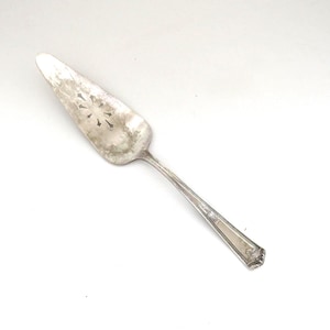 May include: A silver cake server with a triangular blade featuring decorative cutouts. The handle is long and slender, with a subtle pattern near the end. The server is set against a white background.