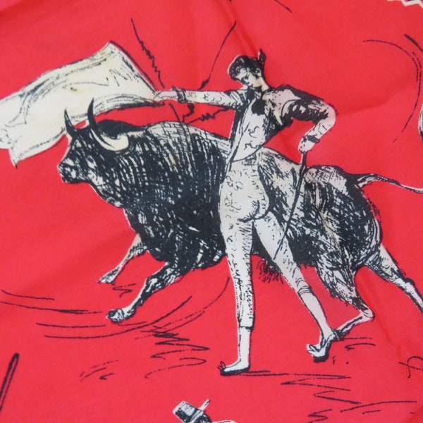 1950s Vintage Silk Matador Theme Scarf - Bright Red Bullfighters Bulls Capes Swords - Large Square Scarf - Spanish Bull Fighting Scarf  Gift