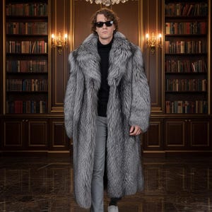 Gabardina de piel de zorro plateado para hombre: Auténtico abrigo largo de invierno