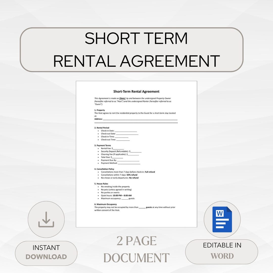 Short Contract Short Term Rental Agreement Template, Editable Short Term Rental ...
