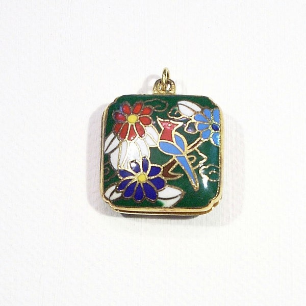 Vintage Cloisonne Bird Locket Pendant Pill Perfume Trinket Box  / Vintage Jewelry - 22mm