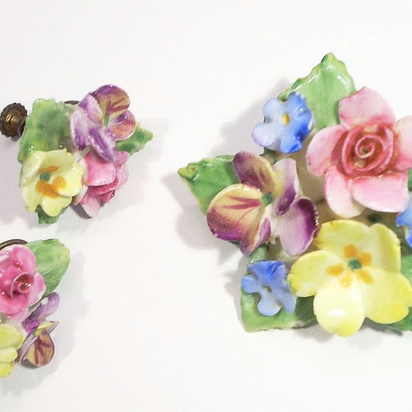 Vintage Artone English Bone China Floral Brooch Pin and Earrings / Vintage Jewelry - 1 1/2" x 1 3/4"