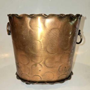 Cache Pot Planter Copper Ringed Handles Scalloped Edge Footed Circles Handmade 6" Vintage