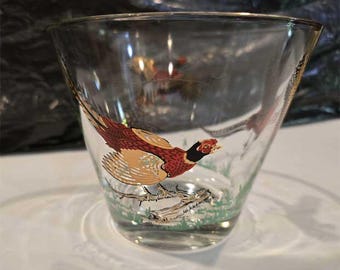 Vintage MCM Hazel Atlas Pheasant Glass Ice Bucket Bowl Gold Trim