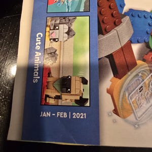 May include: A blue paper brochure featuring a section titled Cute Animals with images of small brick-built creatures. The text JAN - FEB | 2021 is printed at the bottom. To the right, a partial view of a brown and gray plastic brick construction.