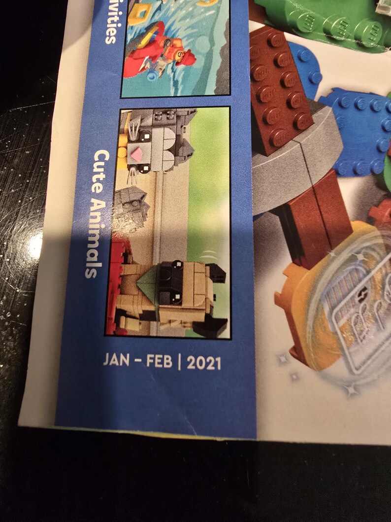 May include: A blue paper brochure featuring a section titled Cute Animals with images of small brick-built creatures. The text JAN - FEB | 2021 is printed at the bottom. To the right, a partial view of a brown and gray plastic brick construction.