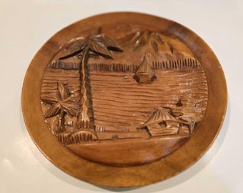 Plate Display Beach Scene Hand-carved Wood Philippines Vintage