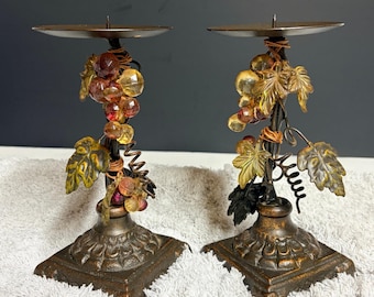 Vtg Tuscan Style Metal Grapevine Pillar Candle Holders Set of 2 Bronze Finish