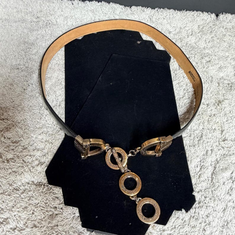 Brighton Vtg 1996 Black Leather Toggle Belt Western. Mixed Metal Ornate L 20603 image 2