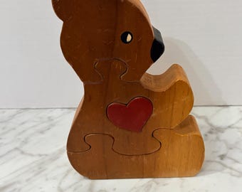 Vintage Handcrafted Wooden Teddy Bear 3D Puzzle Standing Shelf Sitter Red Heart