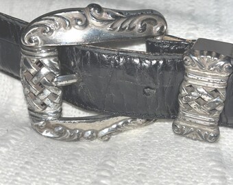 Brighton leren riem met zwarte krokodillenleer en zilveren sierlijke gesp 29" vintage 1995