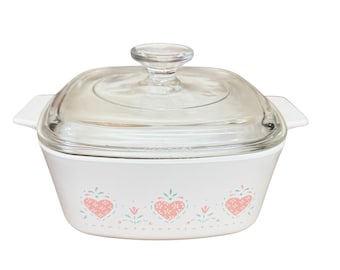 Vintage Corning Ware Abundance Casserole Dish with Lid Pink Heart Floral Square