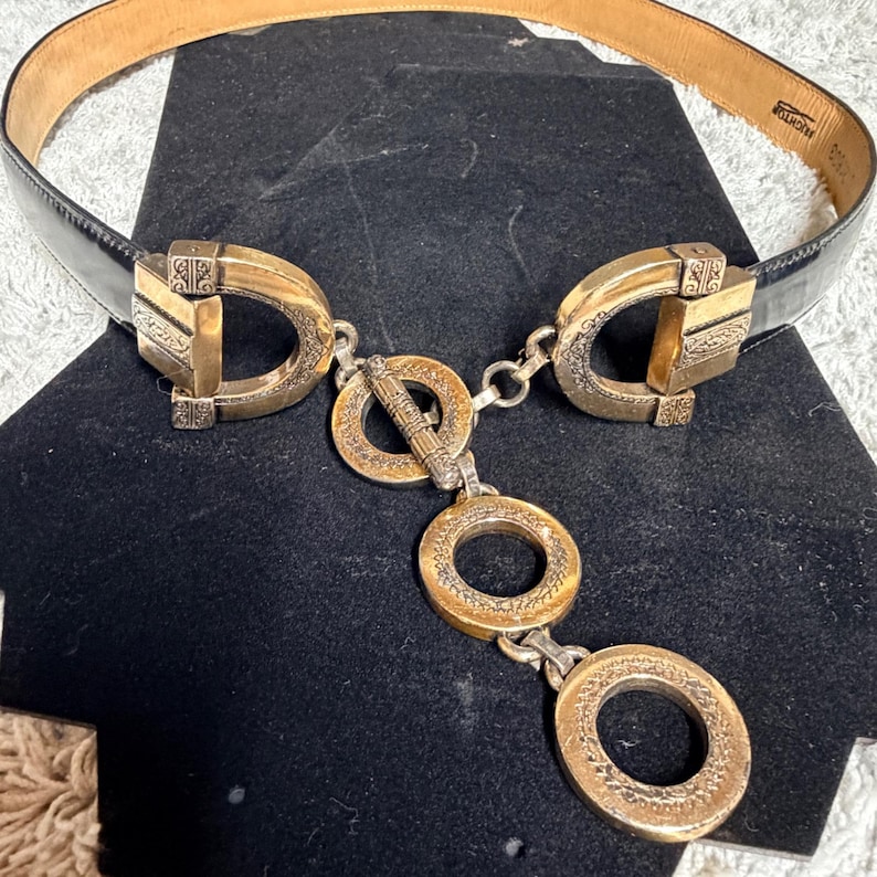 Brighton Vtg 1996 Black Leather Toggle Belt Western. Mixed Metal Ornate L 20603 image 1
