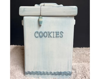 Tarro de cerámica vintage azul y blanco para galletas con tapa de MSRF Inc., década de 1990, estilo cottagecore.