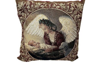 Decoratief vintage kersttapijtkussen met engel en baby 16 x 16 bordeaux
