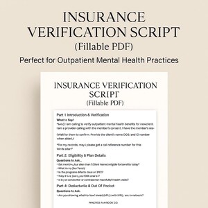 Könnte beinhalten: Ein ausfüllbares PDF-Dokument mit dem Titel "INSURANCE VERIFICATION SCRIPT" für ambulante psychische Gesundheitspraktiken. Das Dokument enthält Abschnitte zu Einführung, Berechtigung, Plandetails und Selbstbeteiligung.