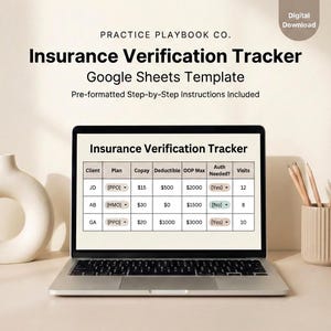 Rastreador de verificación de seguros (VOB) para terapeutas/administradores de consultorios privados (hoja de cálculo/Hojas de cálculo de Google únicamente)