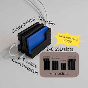 Organizador portátil de SSD/HDD (2-8 ranuras) con soporte para cables: universal, Samsung, SanDisk, Crucial