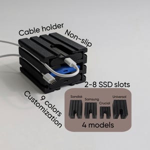 May include: Black cable holder with a non-slip design. It has slots for 2-8 SSDs and comes in 9 colors. The holder supports Sandisk, Samsung, Crucial, and Universal models. The image also shows the text "Cable holder", "Non-slip", "Customization", "9 colors", "2-8 SSD slots", and "4 models".