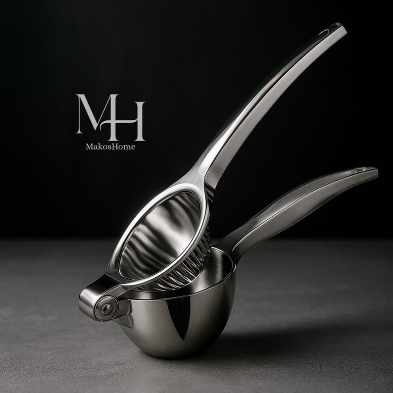 May include: A stainless steel citrus juicer with a lever handle. The juicer has a bowl-shaped base and a perforated top for pressing citrus fruits. The logo "MH MakosHome" is visible in the background.