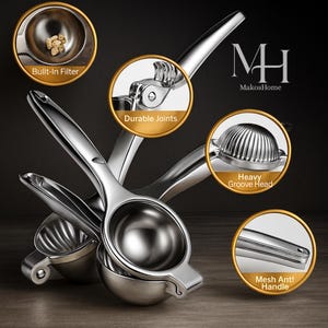 May include: Stainless steel citrus juicer with a built-in filter, durable joints, and a heavy groove head. The juicer has a mesh handle and is designed for efficient juice extraction. The MakosHome logo is visible.
