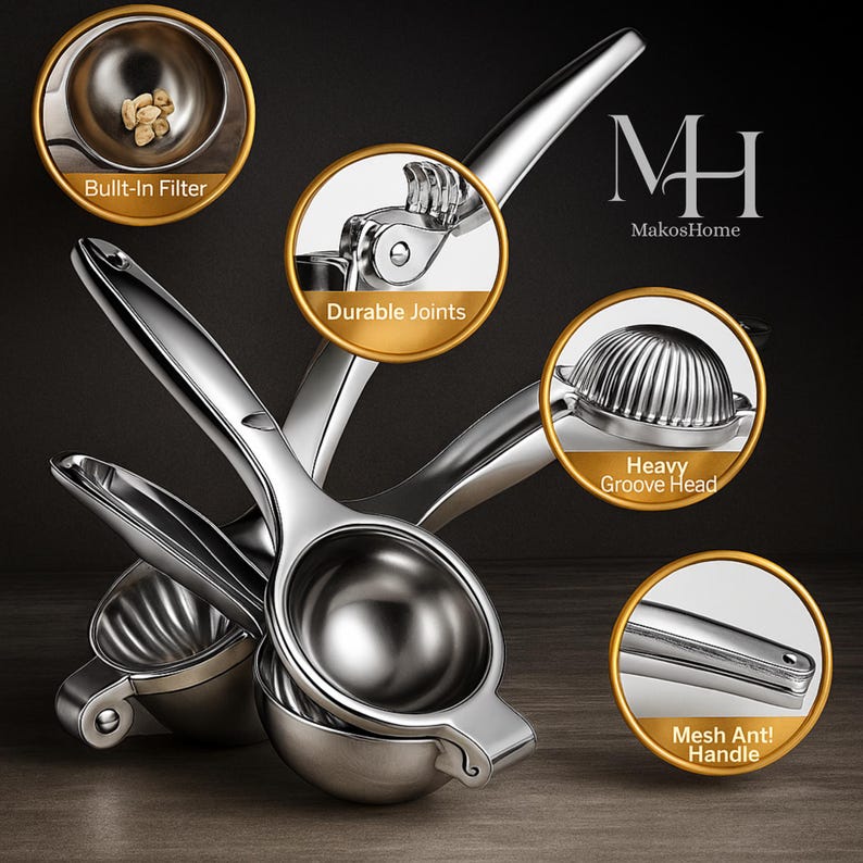 May include: Stainless steel citrus juicer with a built-in filter, durable joints, and a heavy groove head. The juicer has a mesh handle and is designed for efficient juice extraction. The MakosHome logo is visible.