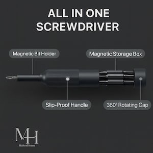 以下が含まれることがあります： 磁気ビットホルダー、磁気収納ボックス、滑り止めハンドル、360°回転キャップを備えた黒色のオールインワンスクリュードライバー。「ALL IN ONE SCREWDRIVER」の文字が上部にあります。
