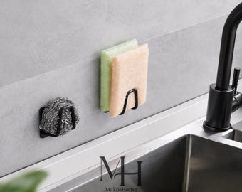 Sink Sponge Holder | No Drill Kitchen Storage Hook | Adhesive Sponge Rack for Sink, Cabinet and Bathroom Organizer