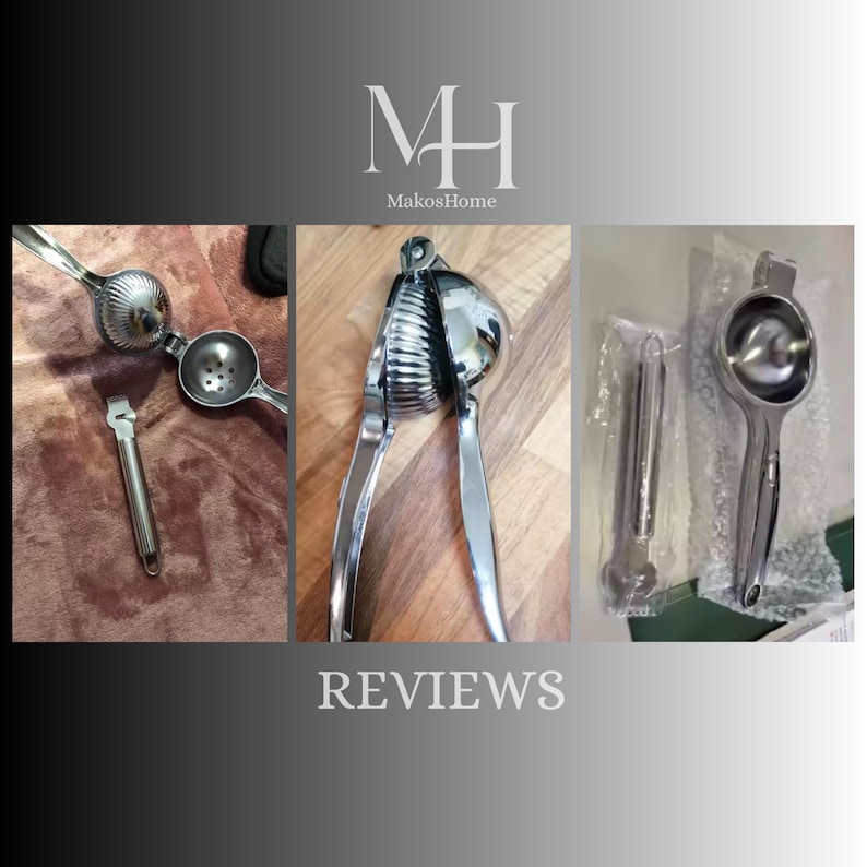 May include: A collection of stainless steel kitchen tools, including a citrus juicer, a reamer, and a lemon squeezer. The tools are displayed on a brown surface. The image also includes the text "REVIEWS" and the logo "MakosHome".