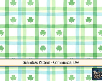 Plaid Clover Shamrock St Patrick's Day | Seamless Digital Paper Pattern PNG | Commercial Use | Digital Download ONLY | Fabric Print