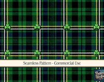 Plaid Clover Shamrock St Patrick's Day | Seamless Digital Paper Pattern PNG | Commercial Use | Digital Download ONLY | Fabric Print
