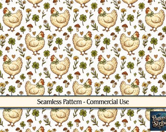 Chicken Clover Shamrock St Patrick's Day | Seamless Digital Paper Pattern PNG | Commercial Use | Digital Download ONLY | Fabric Print