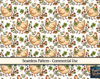 Chicken Clover Shamrock St Patrick's Day | Seamless Digital Paper Pattern PNG | Commercial Use | Digital Download ONLY | Fabric Print