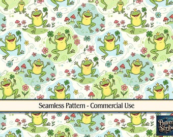 Frog Clover Shamrock St Patrick's Day | Seamless Digital Paper Pattern PNG | Commercial Use | Digital Download ONLY | Fabric Print