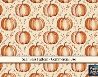 May include: A seamless pattern featuring watercolour pumpkins in shades of orange and brown, interspersed with sprigs of leaves, set against a cream background. The text "Seamless Pattern - Commercial Use" is displayed.