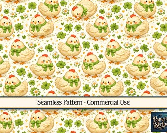 Chicken Clover Shamrock St Patrick's Day | Seamless Digital Paper Pattern PNG | Commercial Use | Digital Download ONLY | Fabric Print