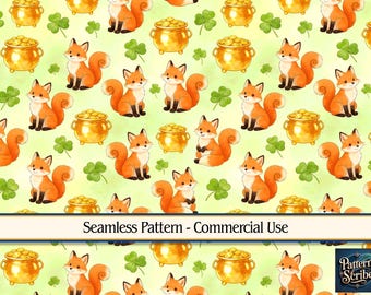 Fox Clover Shamrock St Patrick's Day | Seamless Digital Paper Pattern PNG | Commercial Use | Digital Download ONLY | Fabric Print
