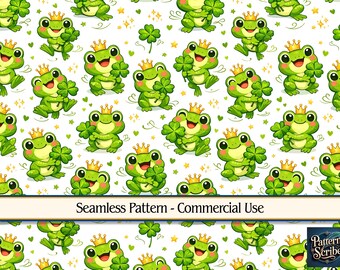 Frog Clover Shamrock St Patrick's Day | Seamless Digital Paper Pattern PNG | Commercial Use | Digital Download ONLY | Fabric Print