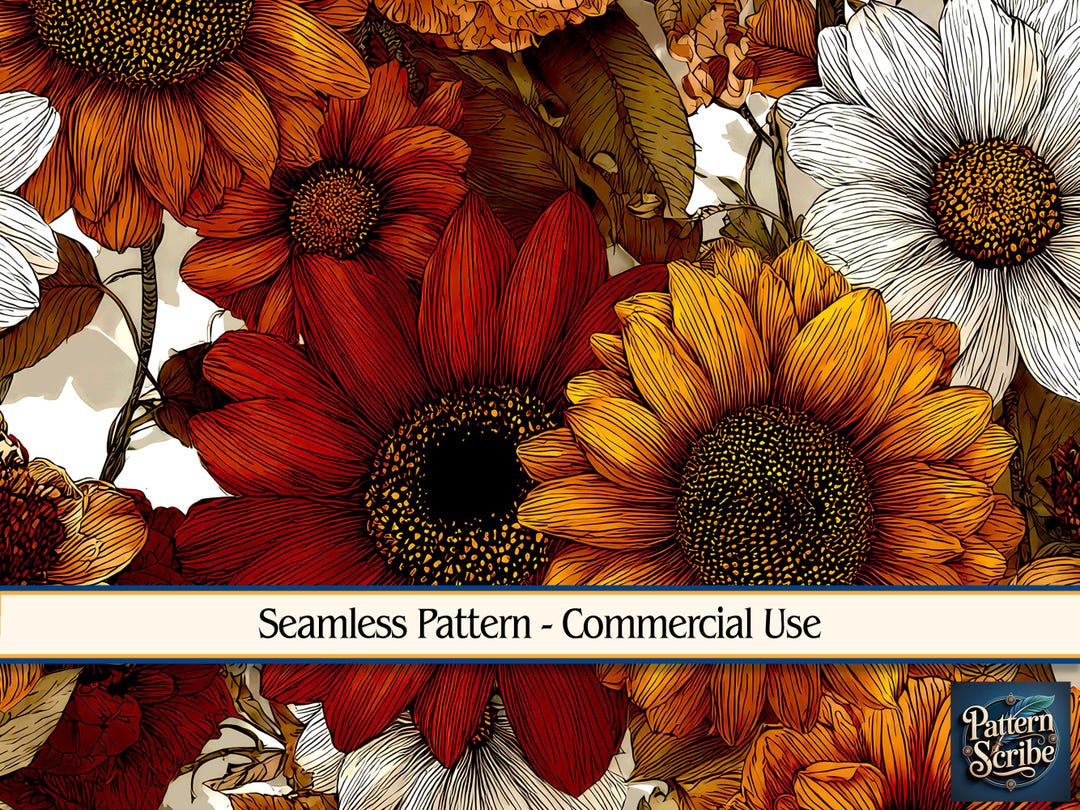 Autumn Fall Sunflower Floral | Seamless Digital Paper Pattern PNG ...
