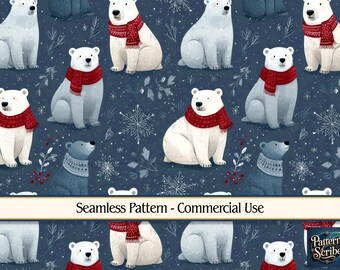 May include: Seamless pattern featuring polar bears with red scarves and snowflakes on a navy blue background. Some bears are light blue with white knit scarves. The words "Seamless Pattern - Commercial Use" are displayed.