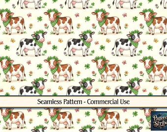 Cow Clover Shamrock St Patrick's Day | Seamless Digital Paper Pattern PNG | Commercial Use | Digital Download ONLY | Fabric Print