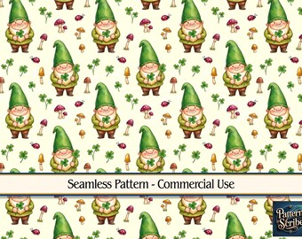 Gnome Clover Shamrock St Patrick's Day | Seamless Digital Paper Pattern PNG | Commercial Use | Digital Download ONLY | Fabric Print