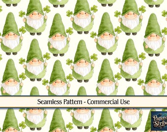 Gnome Clover Shamrock St Patrick's Day | Seamless Digital Paper Pattern PNG | Commercial Use | Digital Download ONLY | Fabric Print