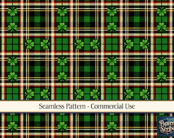 Plaid Clover Shamrock St Patrick's Day | Seamless Digital Paper Pattern PNG | Commercial Use | Digital Download ONLY | Fabric Print